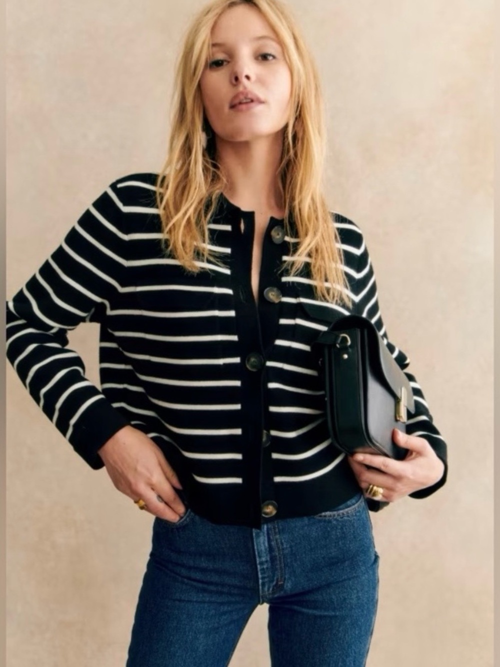Sezane Betty Cardigan Black & White Striped Knit